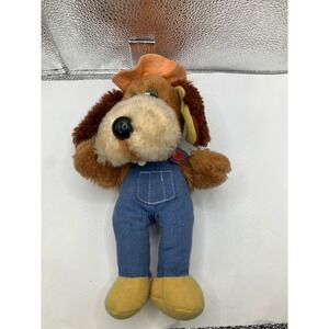 Vintage Plush Dog‎ Overalls Hat Stuffed Animal Toy Brown Tan Orange Blue Yellow